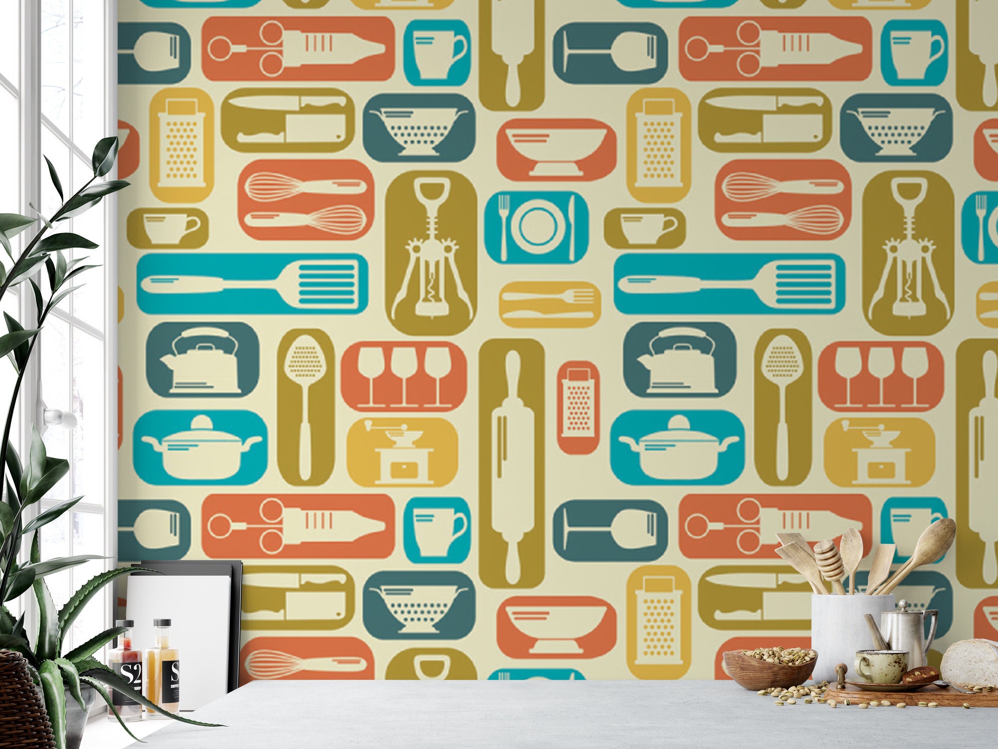 Retro Kitchen Themed Temporary Removable Wallpaper Peel and | Etsy