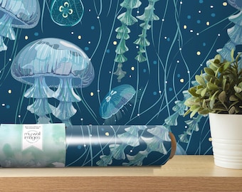 Giant Jellyfish Blues Wallpaper | Ocean Peel and Stick Mural | Nautical Decor (MW1857)