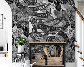 Black and White Flowers and Snake, Wallpaper Reptile, Removable Wallpaper, Peel and Stick Wallpaper, Mural, Room Decor, Accent, MW1811