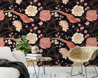 Pheasants and Peonies on Black Removable Wallpaper, Wall Art, Peel and Stick Wallpaper,  Mural, Nursery, Room Decor, Accent, MW1474