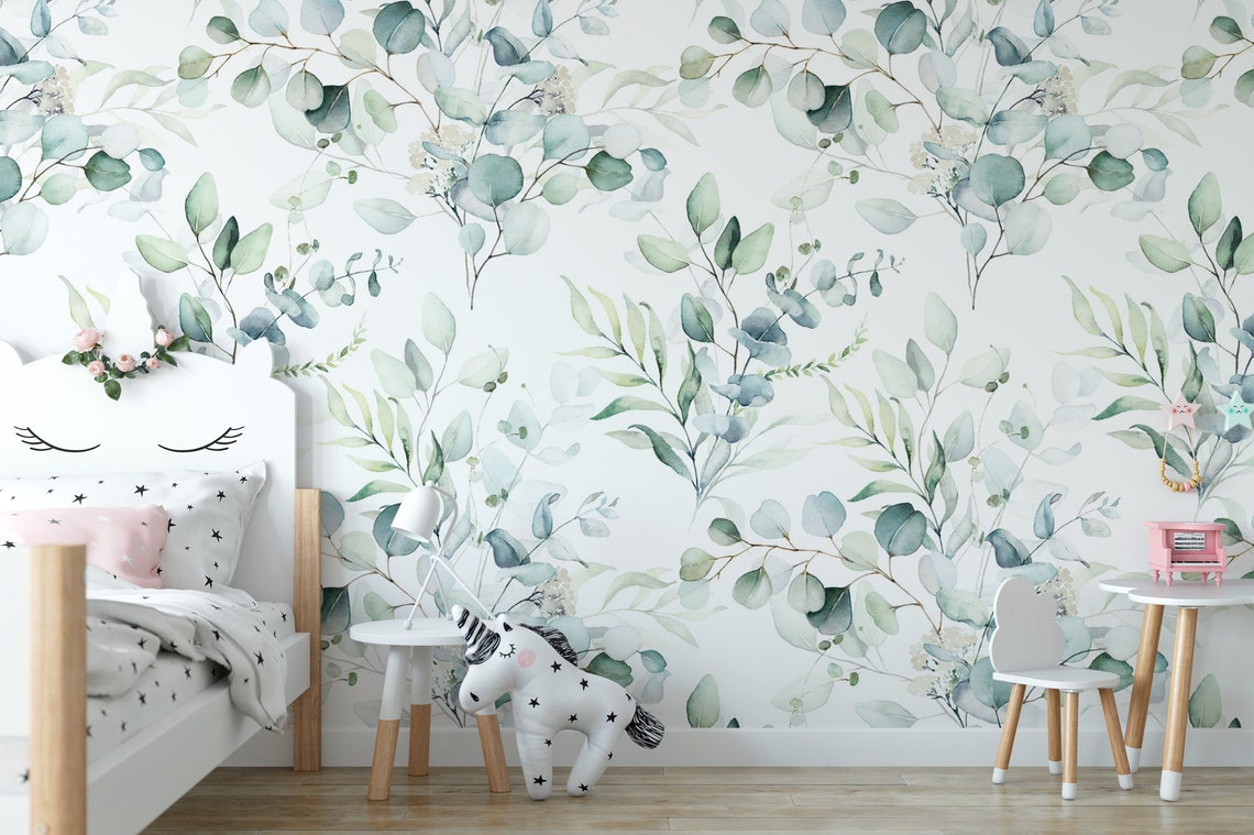 Wallpaper Peel and Stick Wallpaper Green Leaves on White - Etsy