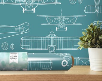 Airplane Decor | Vintage Airplane Blueprint Wallpaper | Peel and Stick Mural (MW1963)
