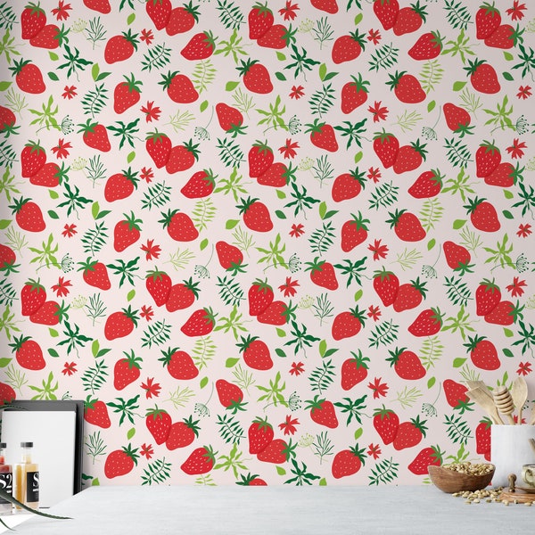 Sweet Red Strawberries and Leaves, Removable Wallpaper, Wall Art, Peel and Stick Wallpaper, Kitchen, Orchard, Decor, Accent Wall, MW1423