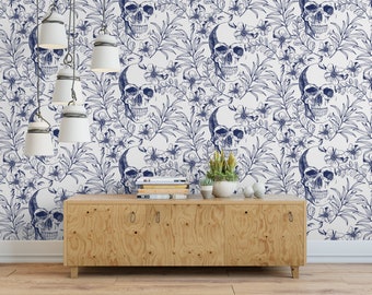 Skulls and Blue Floral,  Removable Wallpaper, Wall Art, Peel and Stick Wallpaper,  Mural, Accent Wall Wallpaper, MW1499