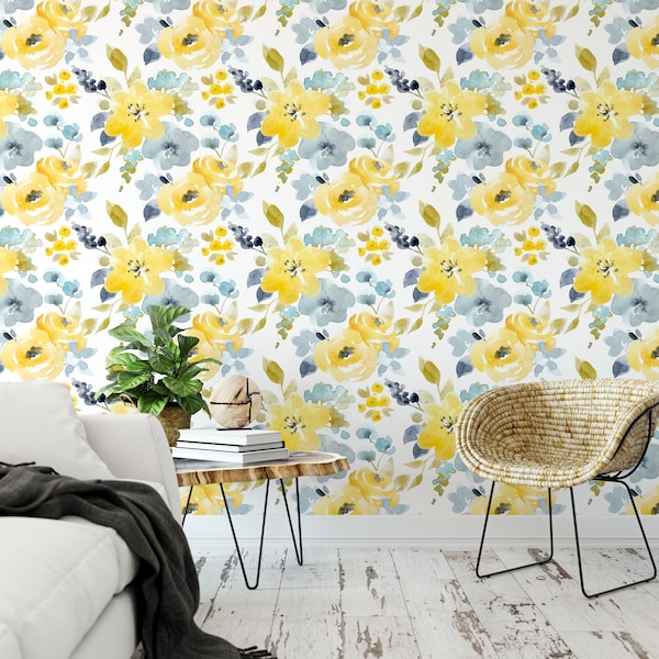 Watercolor Yellow Floral Removable Wallpaper, Wall Art, Peel and Stick Wallpaper,  Mural, Nursery, Room Decor, Accent Wall, MW1041sm