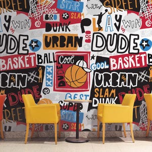 a basketball themed wall with chairs and tables