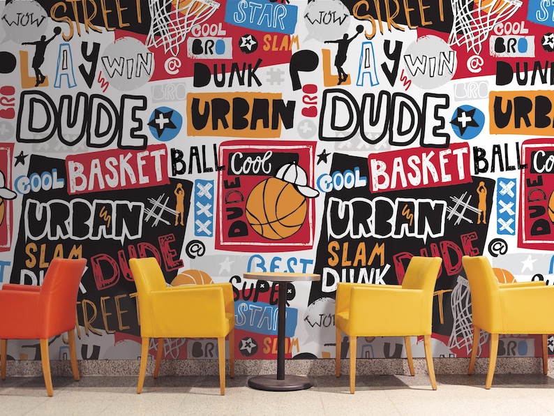a basketball themed wall with chairs and tables