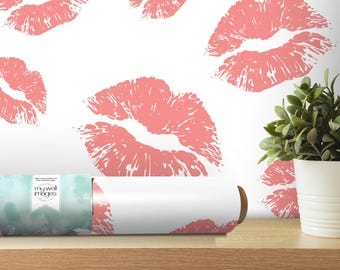 Pink Kisses Lips Wallpaper | Pink Girly Peel and Stick Mural | Salon Decor (MW1300)