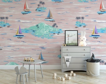 Cute Sailboat & Island Removable Wallpaper, Wall Art, Peel and Stick Wallpaper, Wall Mural, Nursery, Room Decor, Accent Wall, Kids,MW1096