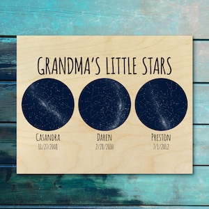 Regalo para el Día de la Madre, regalo para madre e hija - Estrellitas de la abuela - Impresión en madera de mapa estelar personalizado, cielo nocturno con constelación, personalizado MWW0008