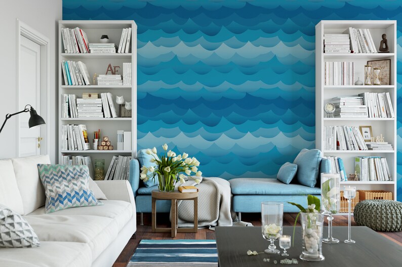 Wallpaper Peel and Stick Wallpaper Blue Ocean Waves Removable Etsy