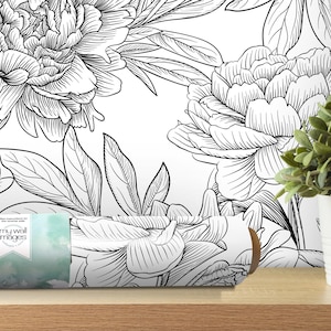 Black & White Peony Removable Wallpaper, Wall Art, Peel and Stick Wallpaper,  Mural, Nursery, Room Decor, Accent, MW1045