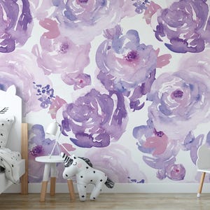 Watercolor Purple Floral Removable Wallpaper | Wall Art, Peel and Stick Mural | Girl Room, Nursery Room Decor, Accent Wall (MW1006)