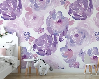 Watercolor Purple Floral Removable Wallpaper | Wall Art, Peel and Stick Mural | Girl Room, Nursery Room Decor, Accent Wall (MW1006)