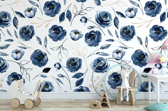 Blue Floral Navy Peel and Stick Wallpaper Removable Wallpaper