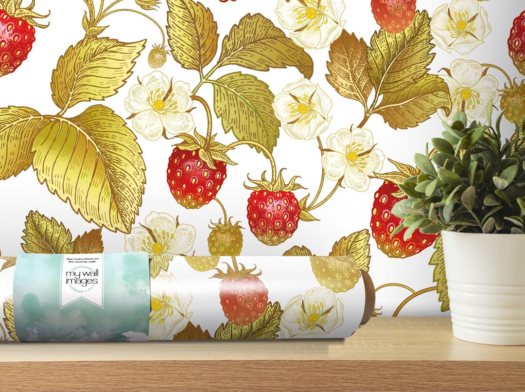 Vintage Strawberry Plants Wallpaper | Fruit Peel and Stick Mural ...