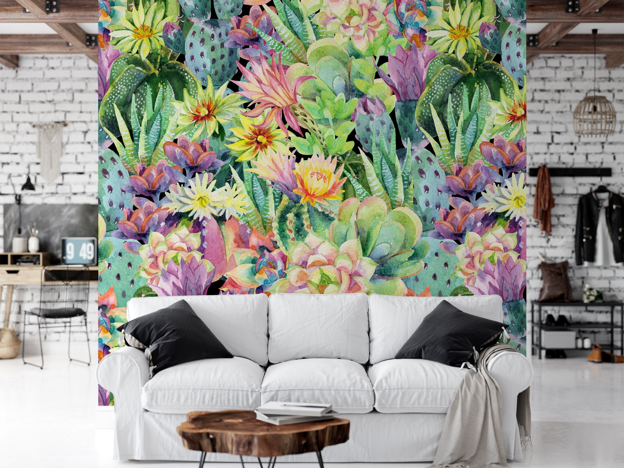 Watercolor Blooming Cactus Removable Wallpaper Mural - Etsy