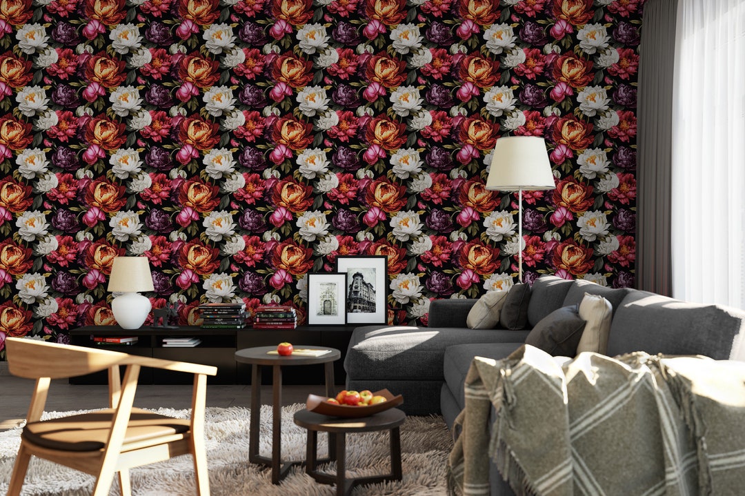 Buy Bold Floral Peonies on Black Removable Wallpaper, Wall Art, Peel