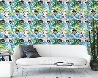 Tropical Floral Palm Leaf Removable Wallpaper, Green Wallpaper, Peel and Stick Wallpaper, Teens, Nursery, Room Decor, Wall Art, MW1001sm