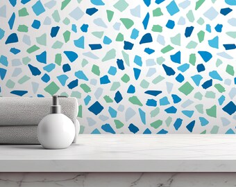 Cool modern havsglas-tapet | Blågrön vit självhäftande väggmålning | Konsttextur (MW2066)