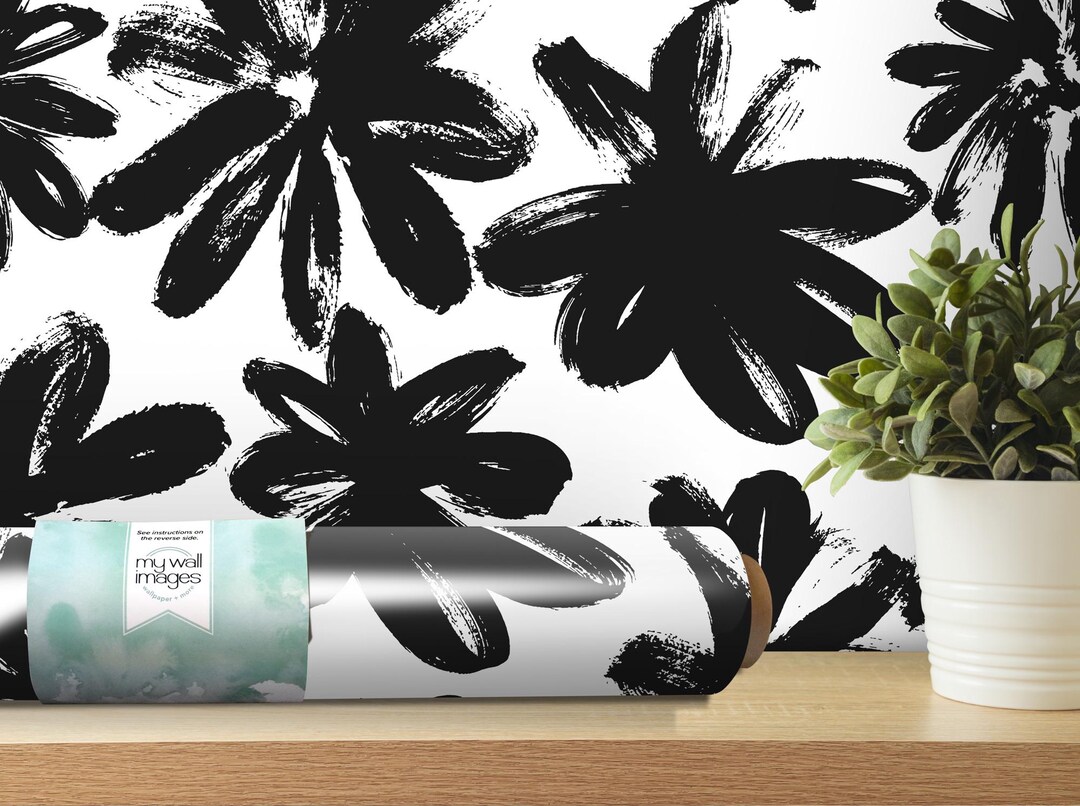 Hand Drawn Black Floral Wallpaper | Peel and Stick Mural | Black White ...