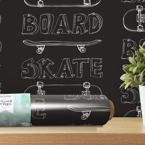 Skateboard on Black Removable Wallpaper, Wall Art, Peel and Stick Wallpaper, Kids Room Decor, Skateboard Decor, Skateboard Art, MW1371