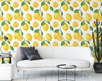 Large Yellow Lemons Removable Wallpaper, Kitchen Wallpaper, Fruit Wall Art, Peel and Stick Wallpaper, Room Decor, Accent Wall, MW1355