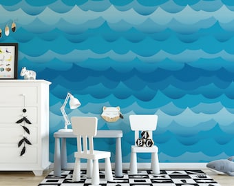 Blue Ocean Waves Removable Wallpaper, Wall Art, Peel and Stick Wallpaper, Mural Room Decor, Accent Wall, Bathroom Wallpaper, MW1569