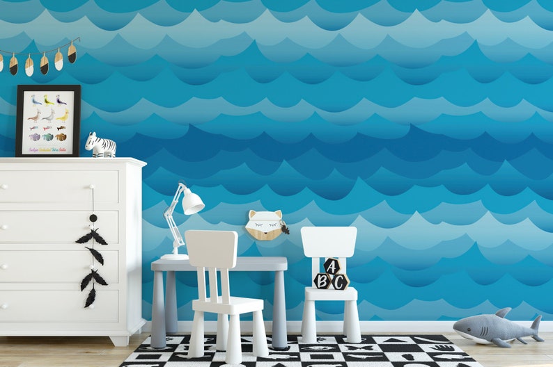 Wallpaper Peel and Stick Wallpaper Blue Ocean Waves Removable Etsy
