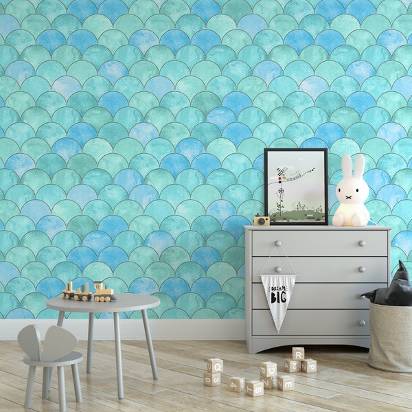 Mermaid Blue Green Fish Scale Removable Wallpaper, Wall Art, Peel and Stick Wallpaper,  Mural, Decor, MW1243