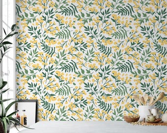 Yellow and Green Folk Art Wallpaper | Floral Peel & Stick Mural | Small Floral (MW1197sm)
