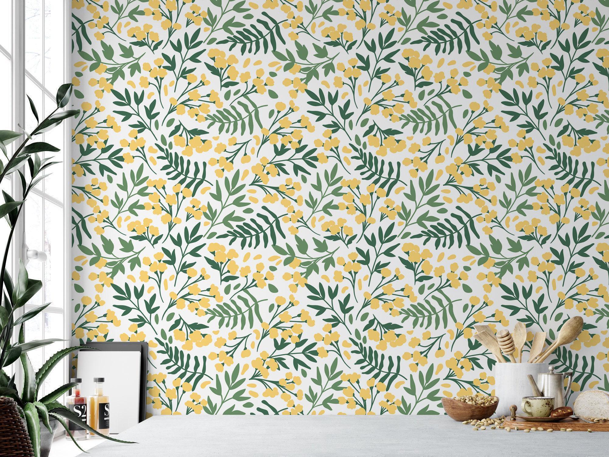 Yellow and Green Folk Art Wallpaper | Floral Peel & Stick Mural | Small ...