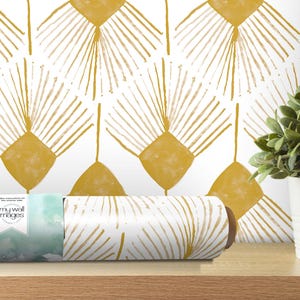 Papel tapiz bohemio dorado y amarillo / Mural autoadhesivo de acuarela / Diseño pintado a mano (MW2061)