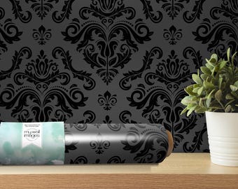 Vintage Dark Damask Removable Wallpaper, Wall Art, Peel and Stick Wallpaper, Room Decor, Wall Art, Gothic Wallpaper, Black Wallpaper MW1547