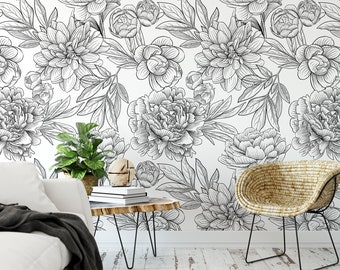 White Peony Removable Wallpaper, Peonies Wall Mural, Black and White ...