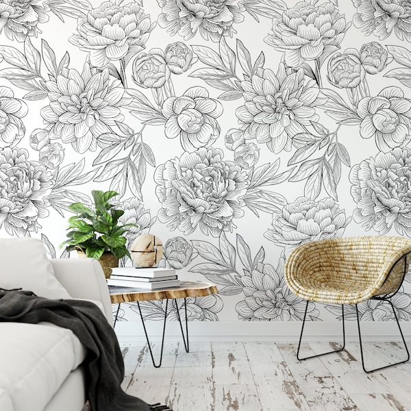 Floral Removable Wallpaper Black and White Etsy