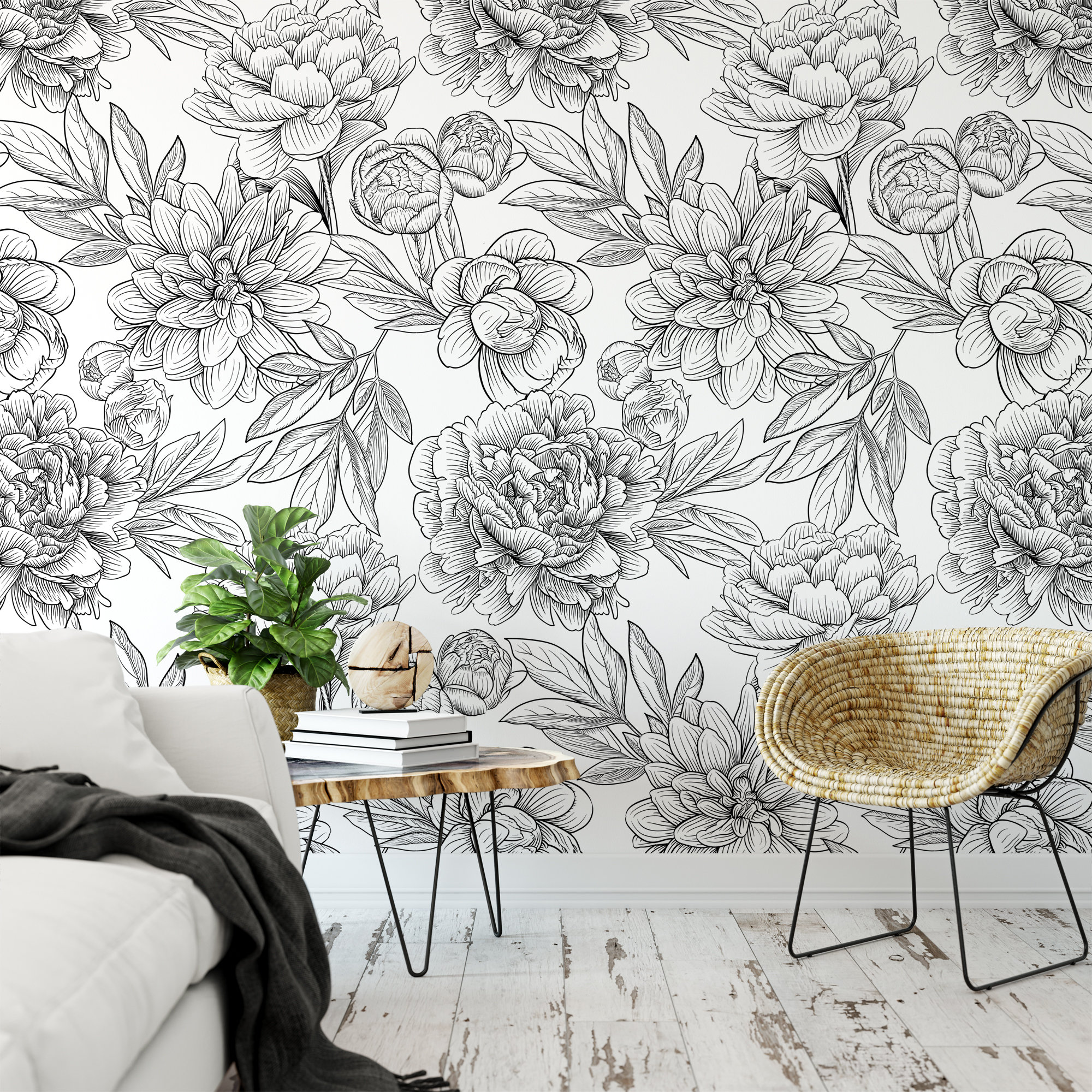 Black and White Peony Wallpaper Mural  On Sale  Bed Bath  Beyond   32617110