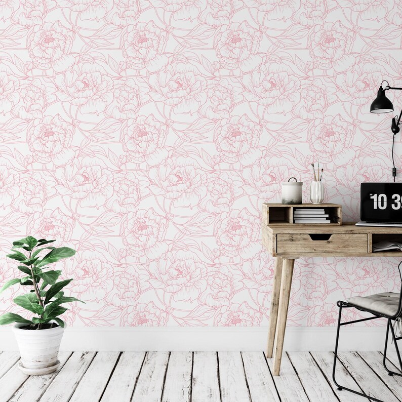 Blushing Pink Peony Wallpaper | Peel and Stick Pink Floral Wall Mural ...