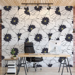 Black & White Gold Floral Removable Wallpaper, Wall Art, Peel and Stick Wallpaper, Dining Room, Wall Mural, Room Decor, Accent Wall MW1034 image 1
