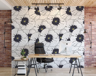 Black & White Gold Floral Removable Wallpaper, Wall Art, Peel and Stick Wallpaper, Dining Room, Wall Mural, Room Decor, Accent Wall MW1034