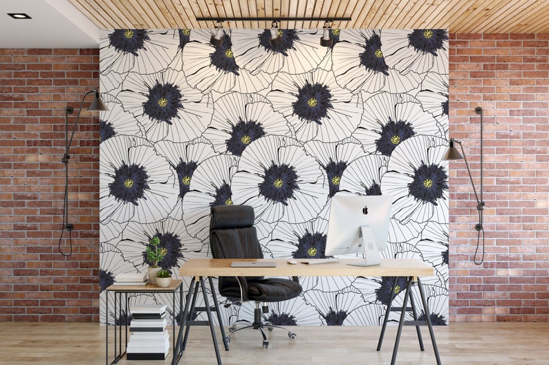 Black & White Gold Floral Removable Wallpaper, Wall Art, Peel and Stick Wallpaper, Dining Room, Wall Mural, Room Decor, Accent Wall MW1034 image 1