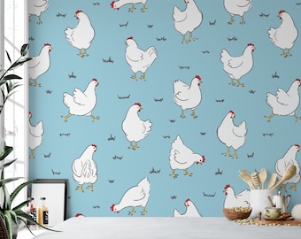 White Hens on Blue Removable Wallpaper, Wall Art, Peel and Stick Wallpaper, Farm Wallpaper, Chicken Wallpaper, Accent Wall, MW1800