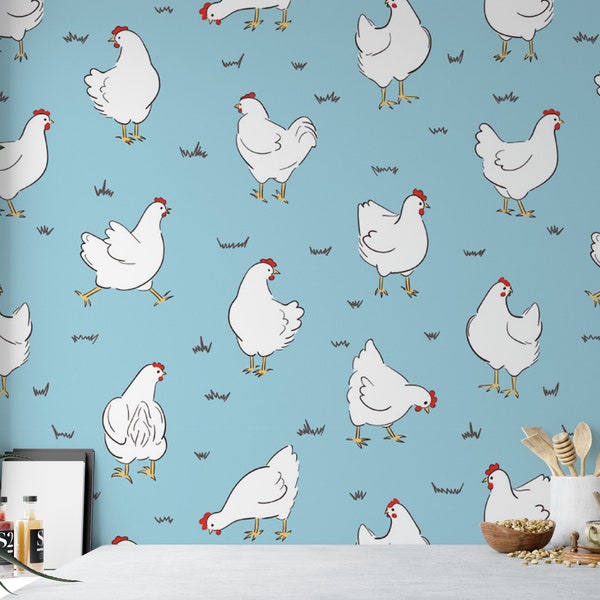 White Hens on Blue Removable Wallpaper, Wall Art, Peel and Stick Wallpaper, Farm Wallpaper, Chicken Wallpaper, Accent Wall, MW1800