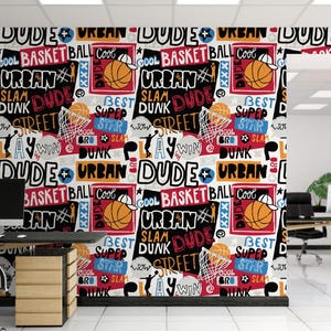 a room with a large mural of basketballs on the wall