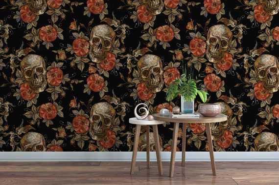 Wallpaper Peel and Stick Wallpaper Skulls and Red Flowers - Etsy
