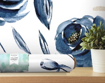 Blue Floral Navy Removable Wallpaper, Wall Art, Peel and Stick Wallpaper, Wall Decor, Wall Mural, Dining, Floral Wallpaper, Accent, MW1198lg