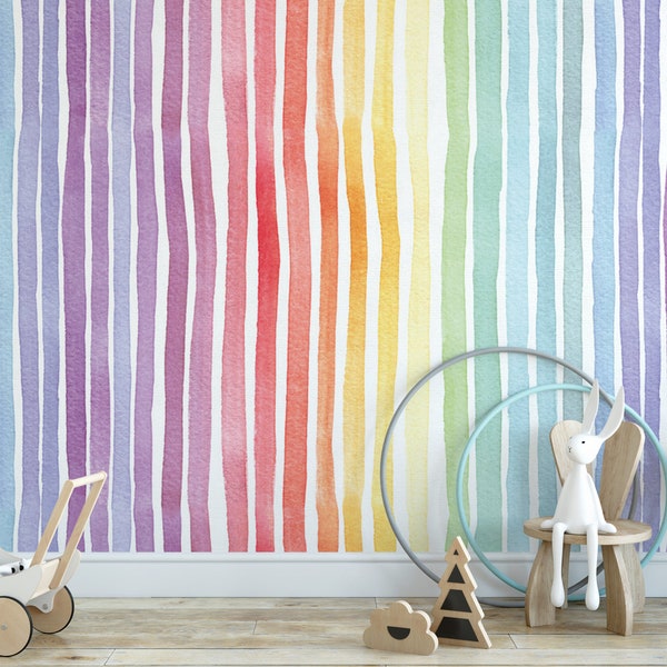 Rainbow Lines Removable Wallpaper, Wall Art, Kids Teens Nursery Mural, Baby Girl Boy Room Decor Accent Wall Home Decor MW1433