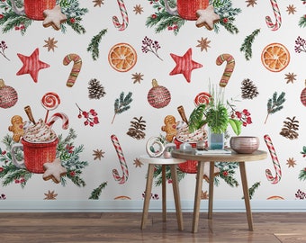 Hot Cocoa Christmas Removable Wallpaper, Wall Art, Peel and Stick Wallpaper,  Mural, Accent Wall Holiday Wallpaper, MW1938