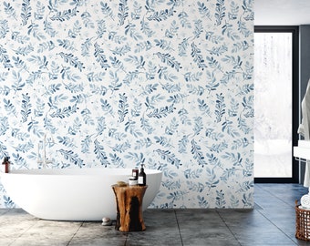 Blue Branches on White, Removable Wallpaper, Wall Art, Peel & Stick Wallpaper, Mural, Accent Wall, Bedroom Wallpaper, Laundry Room, MW1213