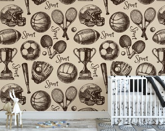 Hand Drawn Sports Themed  Removable Wallpaper, Wall Art, Peel and Stick Wallpaper,  Mural, Sport, Accent Wall, MW1252